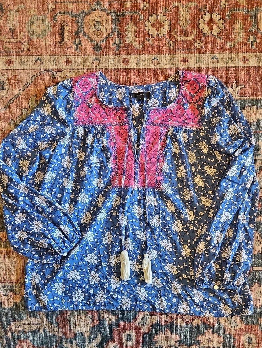 J. Crew Blue Floral Tunic with Pink Embroidered Yoke